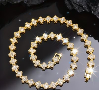 NWT Gemelli Elegant Gold Toned Floral Rhinestone Clover Tennis Necklace