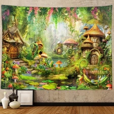 Fairy Forest Decor Tapestry, Cute Fantasy Enchanted Forest Garden Tapestries ...