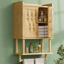Bamboo Wall Cabinet Medicine Cabinet Storage Organizer Double Doors, Towel Bar