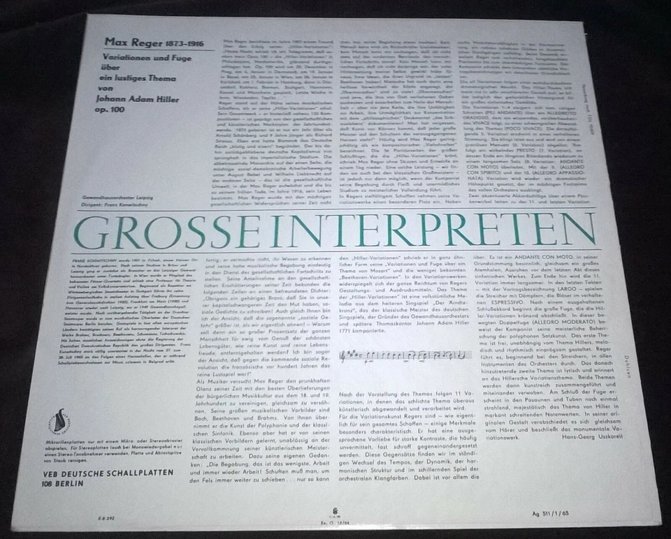 Rare Stereo LP Konwitschny Reger Hiller-Variations Eterna 8 25 113 Original ED1 - Image 2 of 2