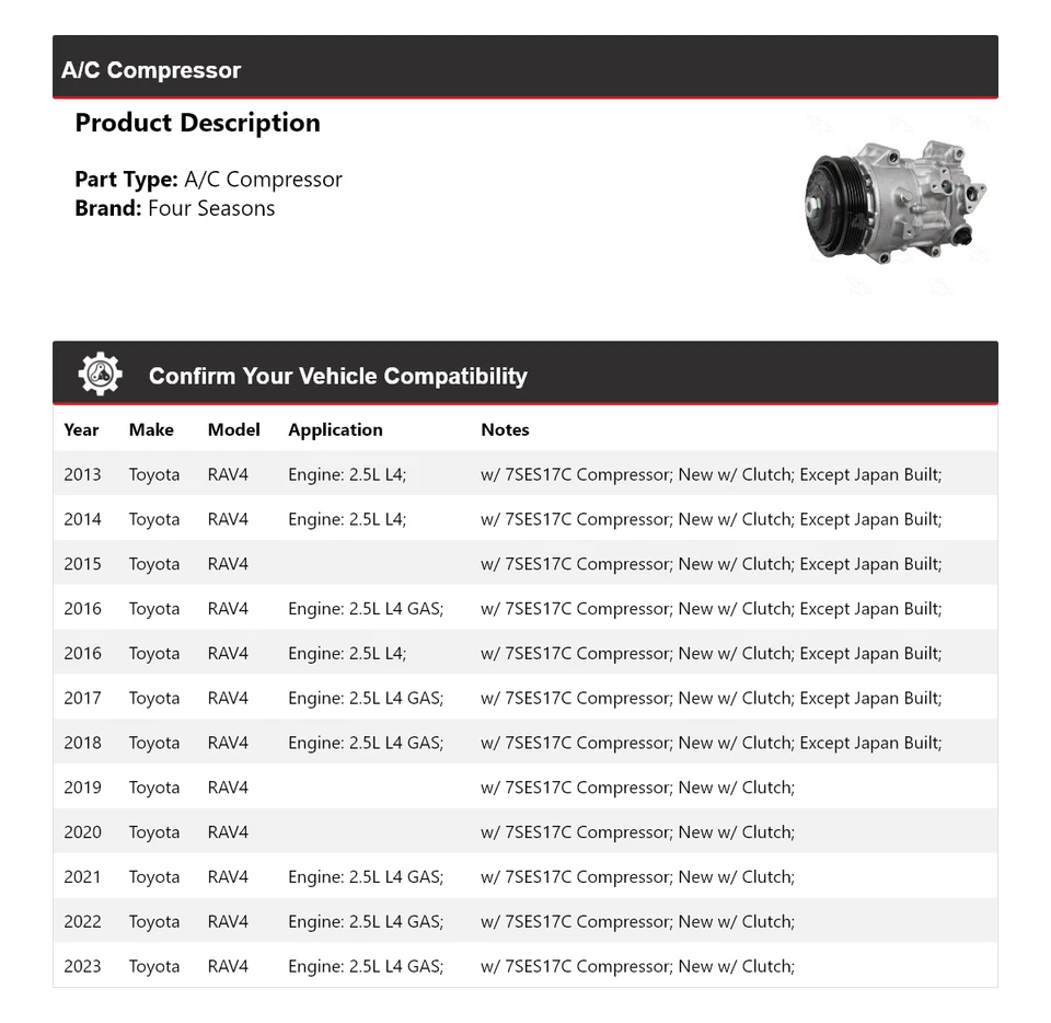 Compresor de aire acondicionado para Toyota RAV4 2013-2023 4 estaciones 2014 2015 2016 2017 2018 2019 Foto 2 de 4