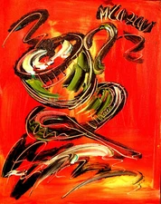 GREEN TEA CUP BY KAZAV SIGNED  Original Oil Painting canvas IMPRESSIONIST sDWE