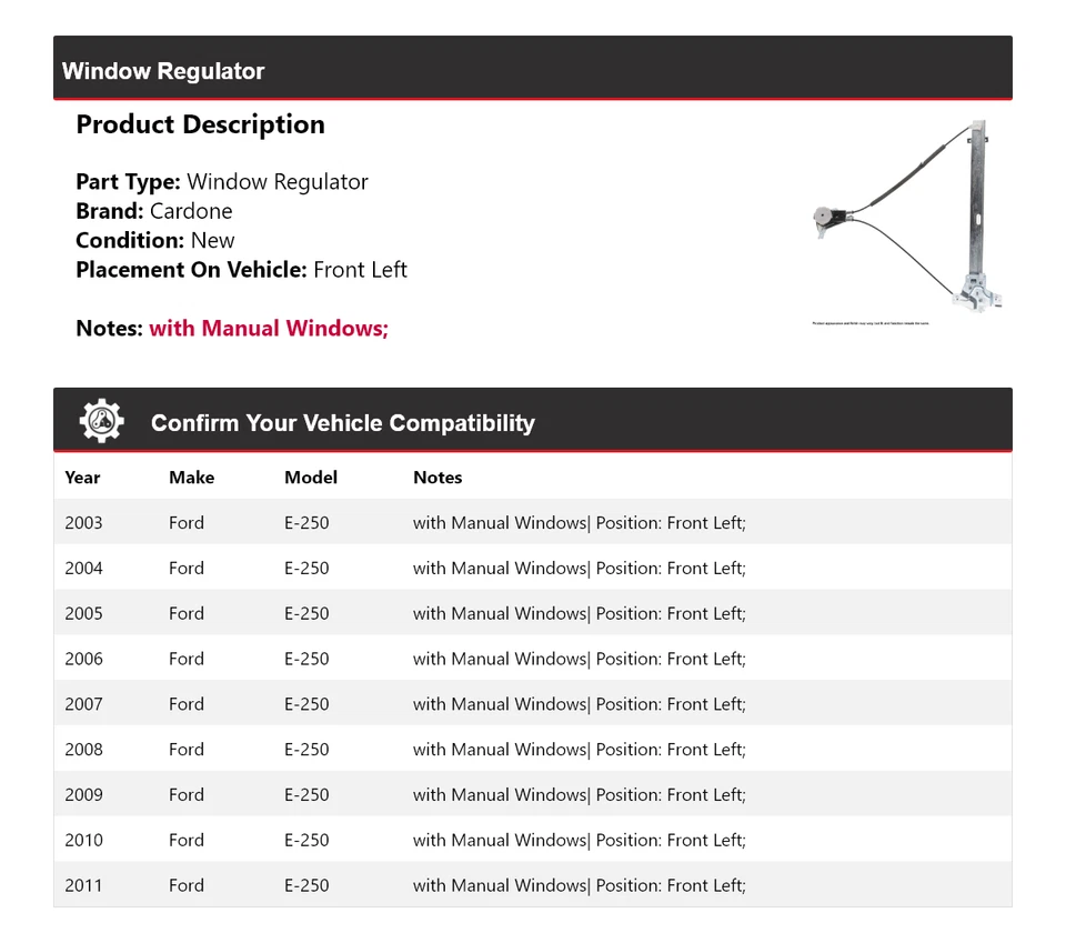 For 2003-2011 Ford E-250 Window Regulator Front Left Cardone 2004 2005 2006 2007 - Image 2 of 4