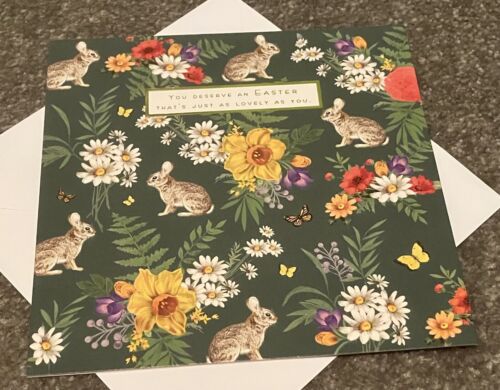 HALLMARK Easter card, single card, bunnies & flowers on green, FREE UK POST!