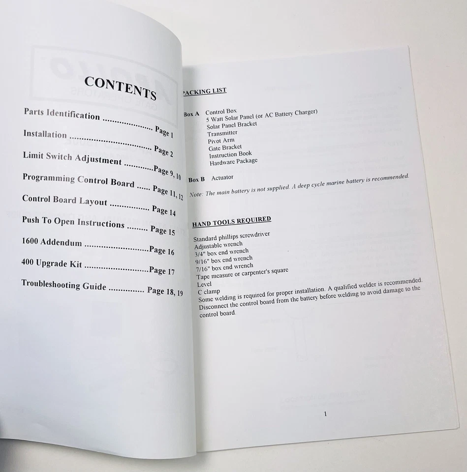 APOLLO 1500E con abridor de operador de puerta oscilante solar 1600 Addendum MANUAL SOLO 1994 Foto 2 de 4