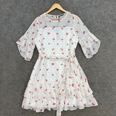 NEW Tokito Dress Womens 14 White Floral Half Sleeve A-Line Belt Party 22902