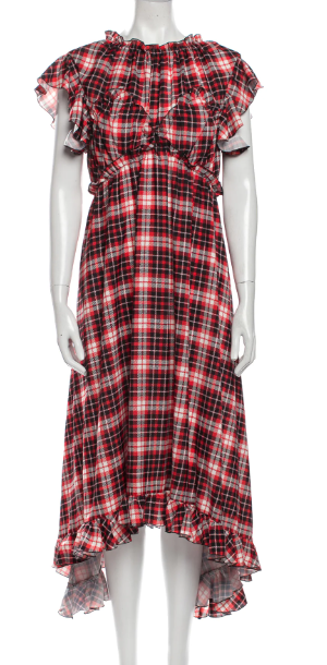MSGM Red & White Plaid Midi Dress w/ Ruffle Trim, Size 8 (US) 44 (IT)