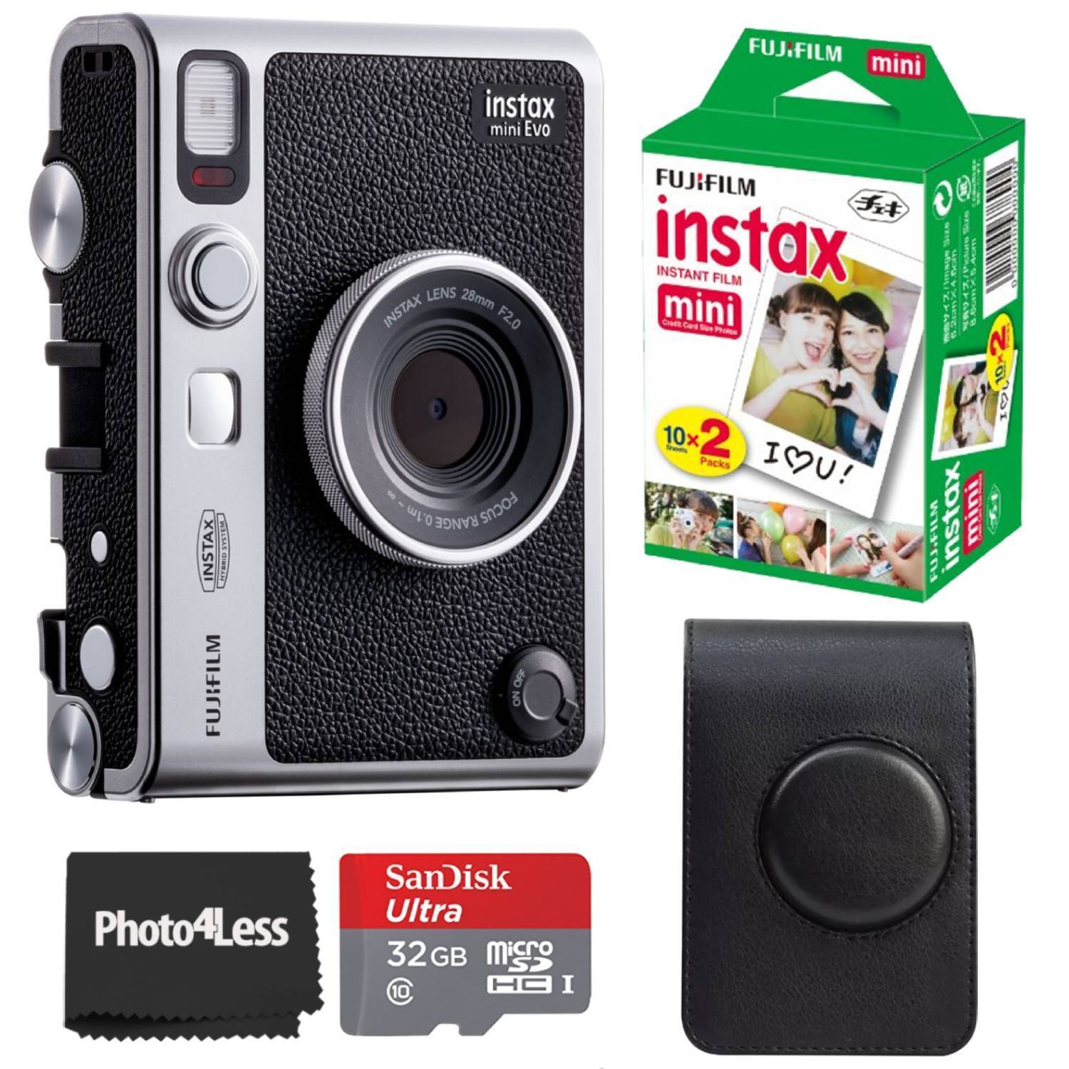 FUJIFILM INSTAX MINI EVO Hybrid Instant Camera with Starter Accessory  Bundle: SanDisk 32GB Ultra microSD Memory Card, High Speed Memory Card  Reader & More (8pc Bundle) 