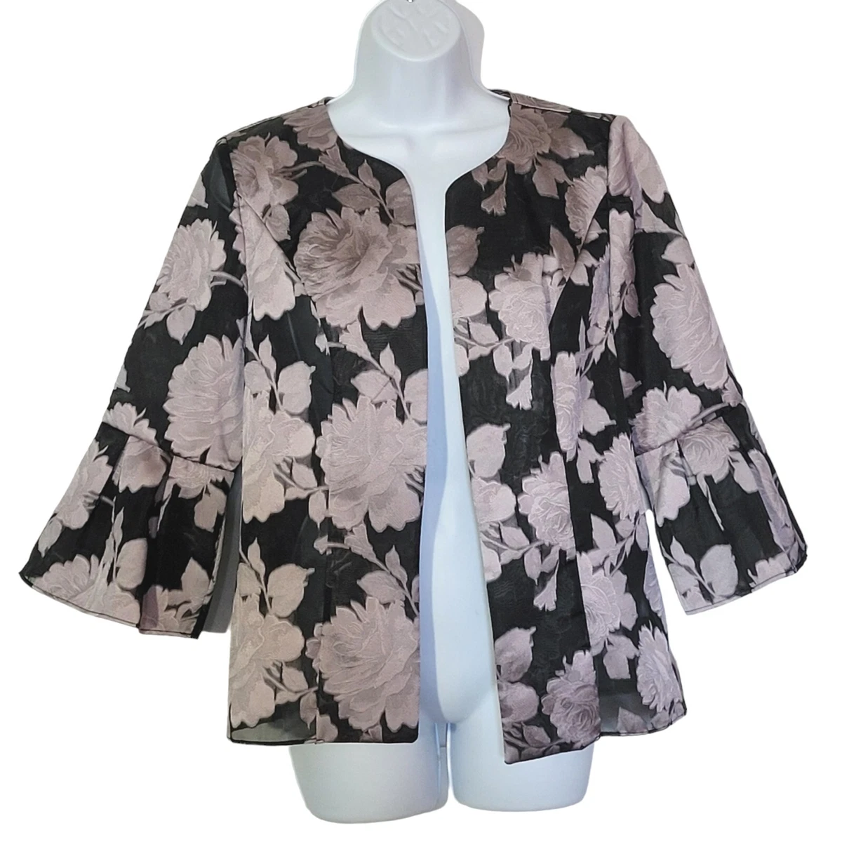 Alex Evenings Size M Floral 3/4 Ruffle Sleeve Open Women's Sheer Blazer Jacket