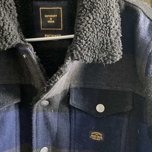 Superdry Highwayman Blue buffalo Check Wool trucker sherpa Jacket Coat Size L - Picture 4 of 10
