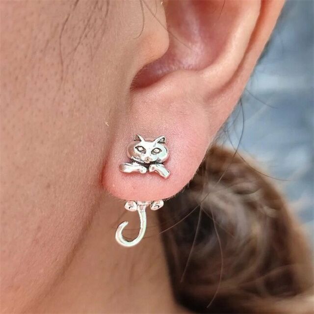Retro Silver Lovely Frog Cat Animal Ear Earrings Stud Women Ethnic Jewelry Gifts