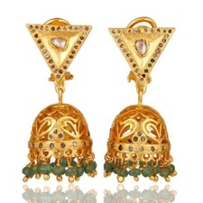 Natural Emerald Pave Diamond 18K Gold Plated Jhumka Earrings Gemstone Jewelry