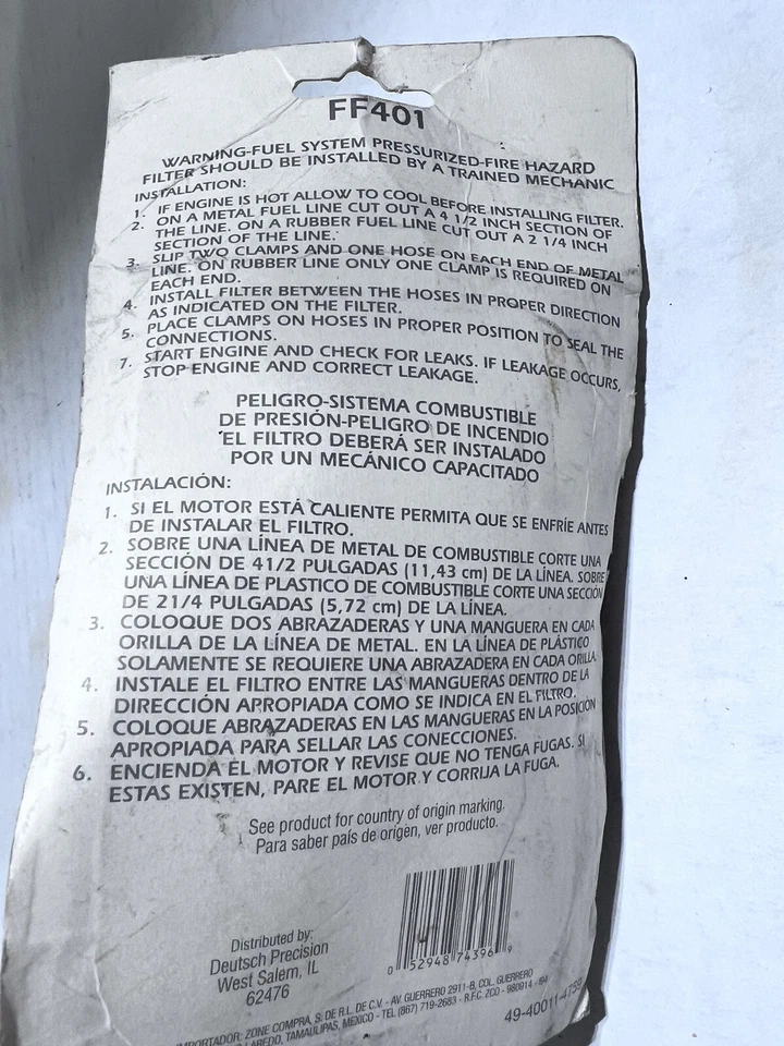 Filtro de combustible Deutsch Precision Filter FF401 Foto 2 de 3