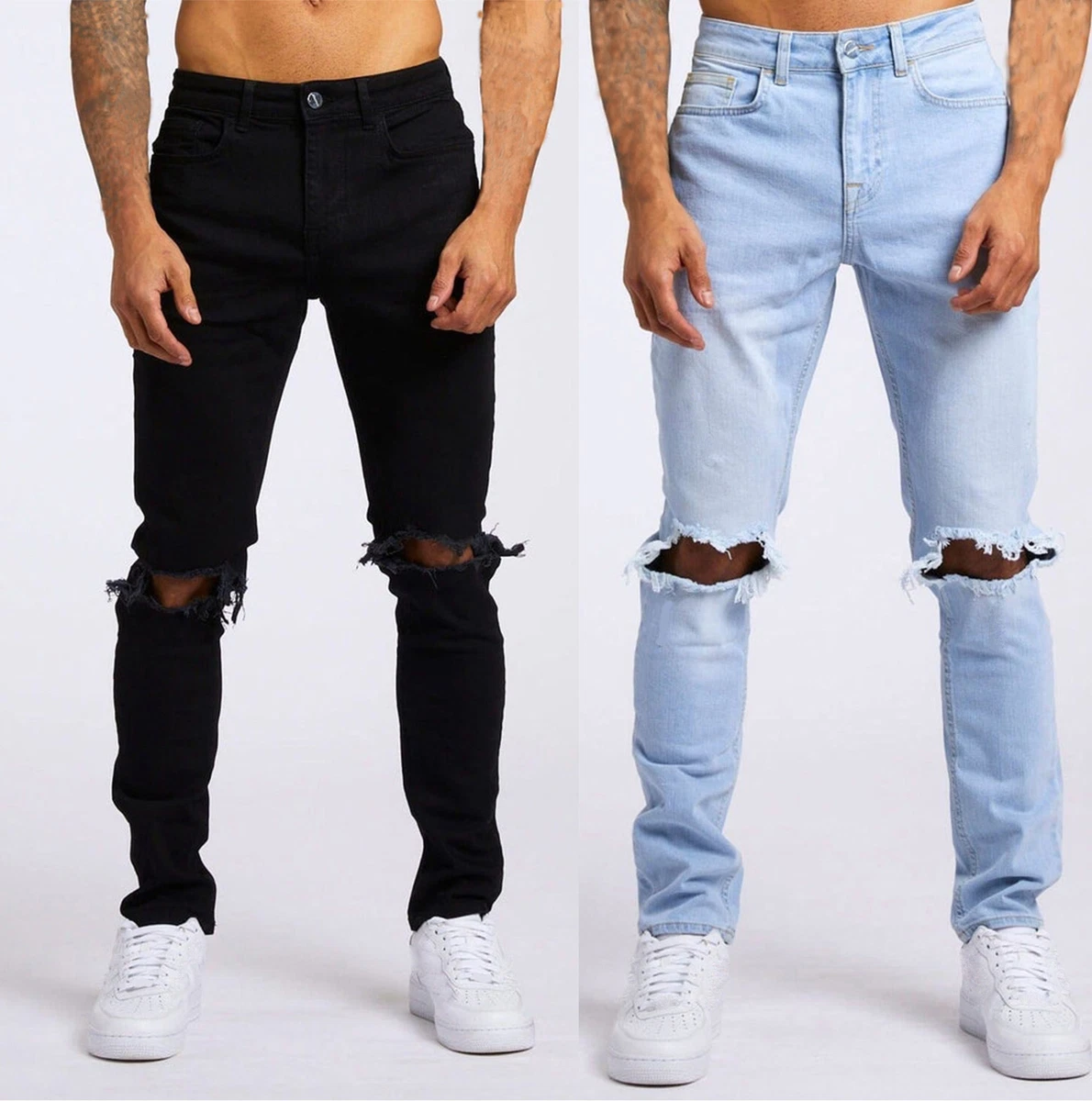 Men&#039;s Denim Skinny Knee Holes Pants Hop Ripped Jeans Trousers Streets Biker | eBay