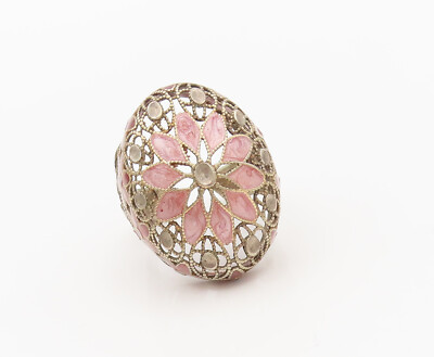 FLORENCE 925 Silver Vintage Floral Pink Enamel Adjustable
