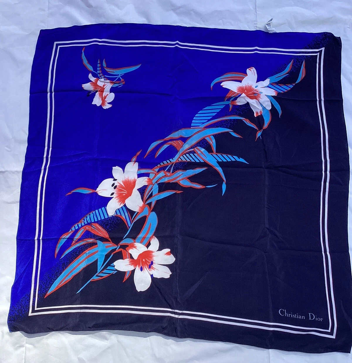 Vintage CHRISTIAN DIOR Lily Flower Silk Scarf 25”x25” France