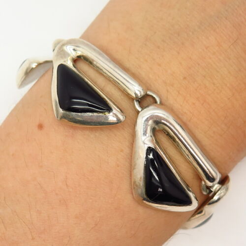 925 Sterling Vintage Mexico Real Black Onyx Gemstone Triangle Link Bracelet 6.5" - 第 1/5 張圖片