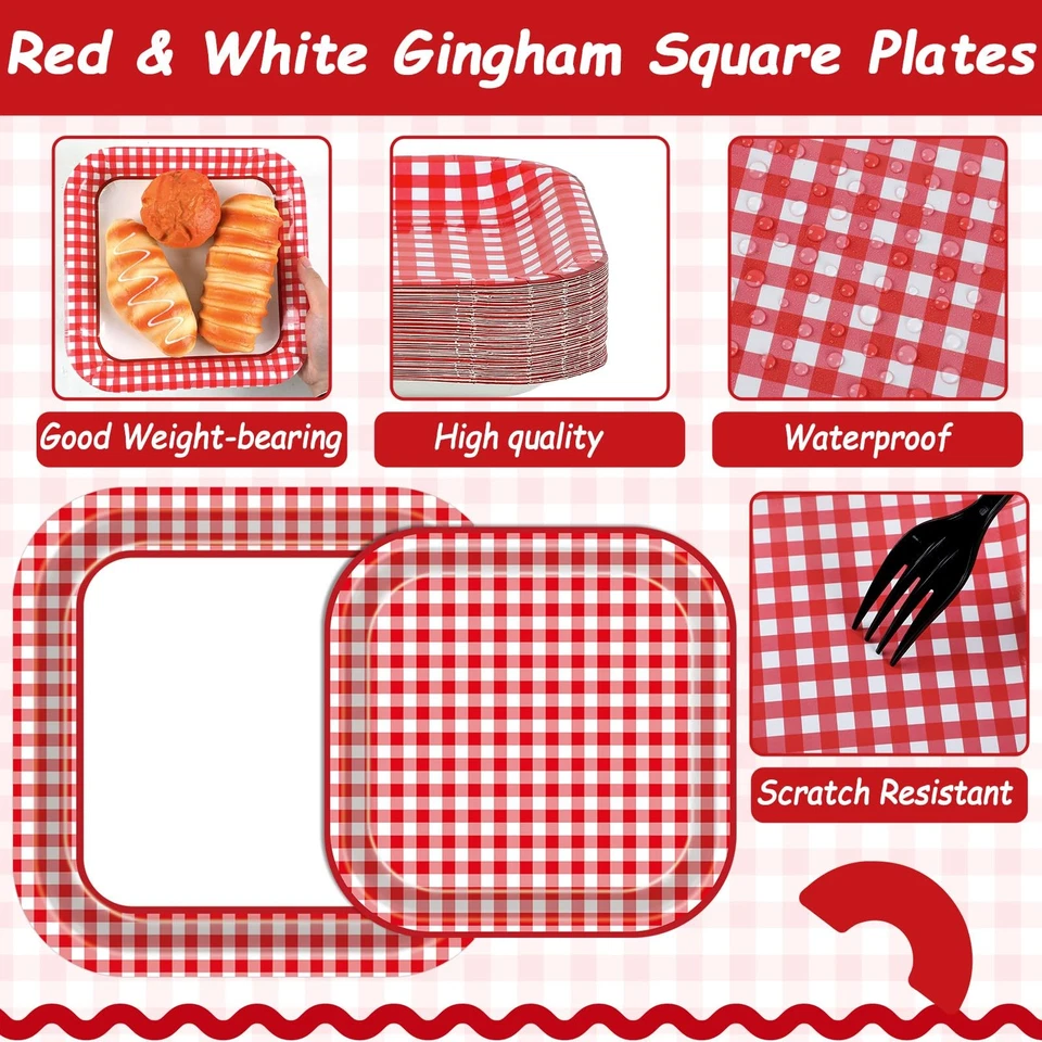 100 Pcs Red and White Gingham Party Supplies Set Checkered Plaid Plates Desse... - Image 3 of 4