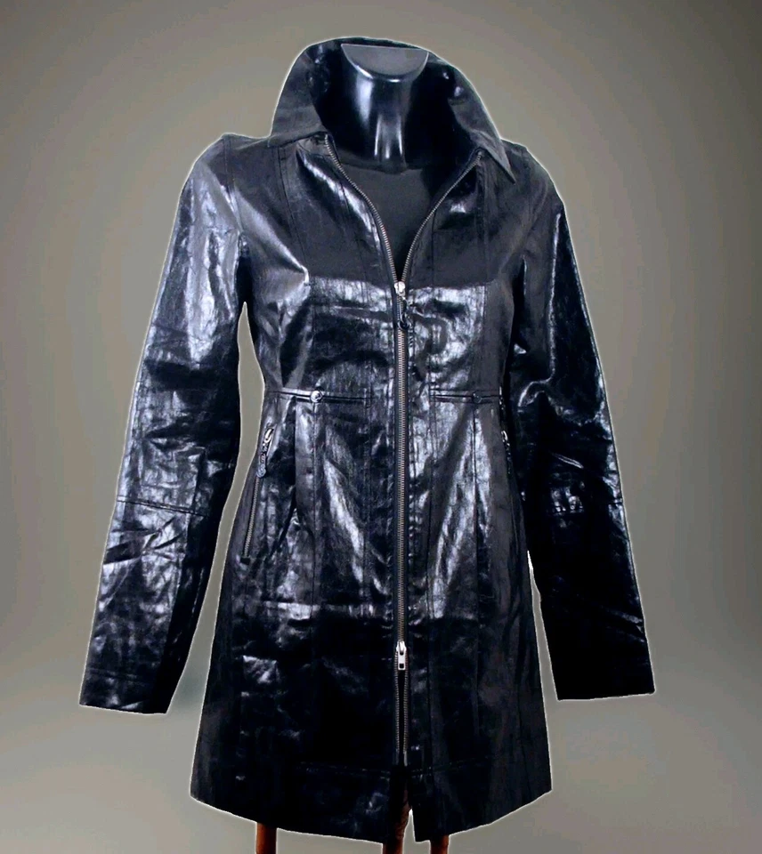 Firetrap Black Abrigo 2/4" Wet Look "Shaped Distrassed Efecto New Con Tag Eu 8 - Imagen 2 de 4