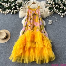 French Vintage Print Dress O-Neck Spaghetti Strap Irregular Ruffles Beach Dress