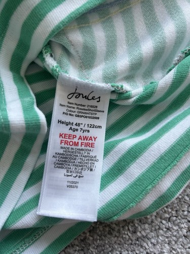 Joules Girls Short Sleeve Dress Age 7 Bunny Rabbits Green Striped 100% Cotton - Picture 5 of 6