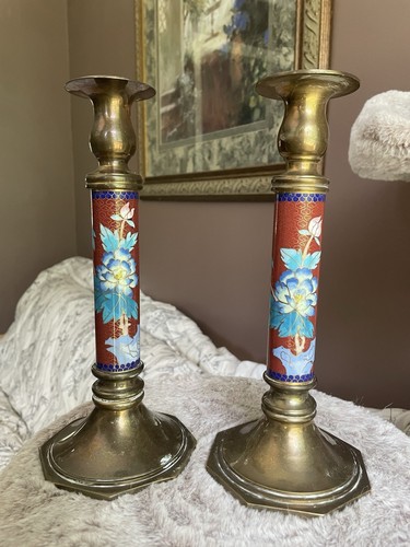 Vintage Cloisonne Enamel Inlay Brass Candlestick Set Chinese Floral Design 10” - Picture 2 of 4