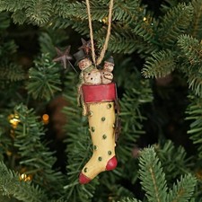 Primitive Christmas Old World Stocking w/ Snowmen Ornament 4.5"