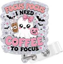 Halloween Cute Badge Reel with Retractable Alligator Clip, Glitter Ghost Badge