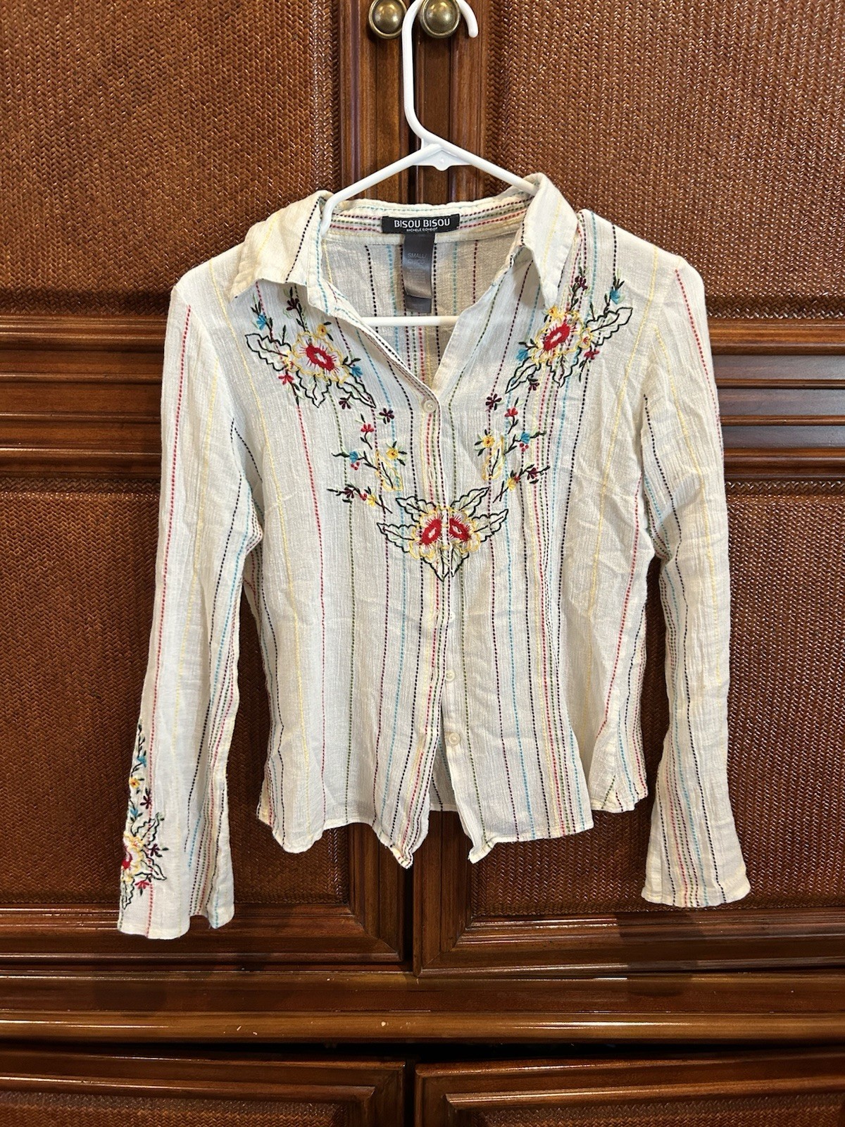 Bisou Bisou Embroidered Striped Floral Button-Up Collared Long Sleeve Blouse