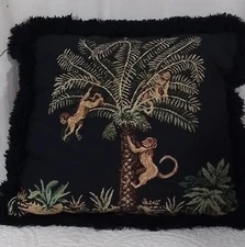 Monkeys Palm Tree Africa Safari Tapestry Accent Throw Pillow Fringe 17”X 17”