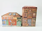 2 Vintage Storage Tins Shaped Like A House And French Store Front Mouse Family