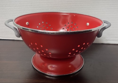 Red Enameled Vegetable ~Strainer Colander~Stainless Steel Two Handles Vintage