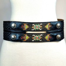 Vintage Tooled Leather Concho Beaded Wide Belt 1980s Boho Western Hippy Retro