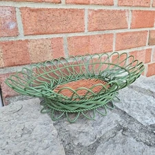 Vintage MCM Round Green Metal Wire Basket with Wicker Bottom EUC
