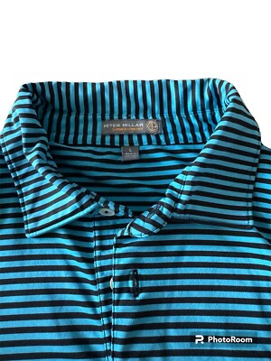 Peter Millar Polo Shirt Large Summer Comfort Golf Ibis Logo Striped Blue & Black