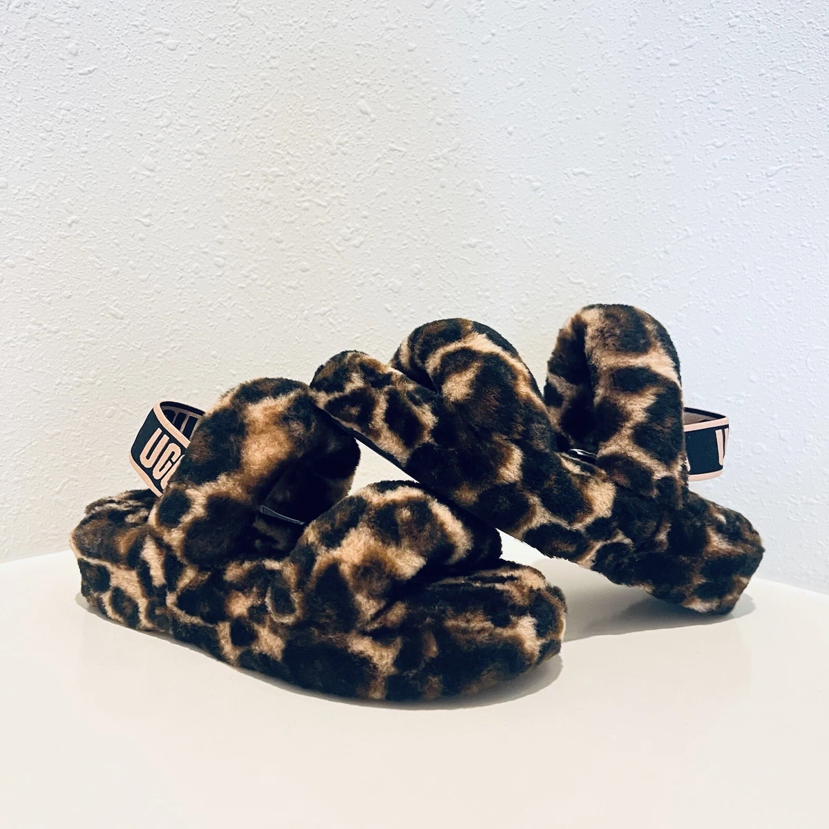 UGG Fluff Yeah Women s Leopard Print Real Fur Fluffy Slides Sz 6 NWT