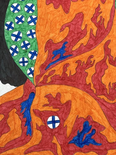 Women In Lava Dress Dress w/ Abstract Flames Colorful Drawing 12x9” Fine Art - Picture 8 of 11