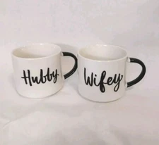 Threshold Wifey & Hubby Porcelain Coffee Cup Mug Set Of 2 Stackable White Black 
