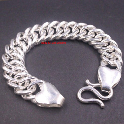 Real 999 Fine Silver Men's Bracelet 17mm Wider Curb Link Chain Bracelet 8.26inch - Picture 5 of 9
