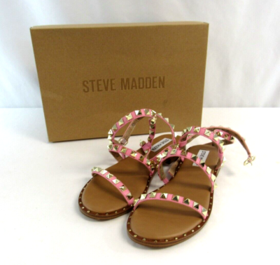 Steve Madden Travel Flat Sandals Pink w/ Metal Studs Ankle Strap Size 6.5  New | eBay