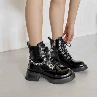 【新品未使用】WANTKEYCAMP BOXTOP SC25 HEXE Womens Chic Patent Leather Metal Chain Lace Up Platform