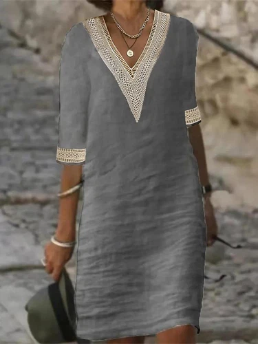 Mujeres Vestido Solero Cuello en V Algodón Lino Midi Damas Verano Informal Manga Corta - Imagen 12 de 29