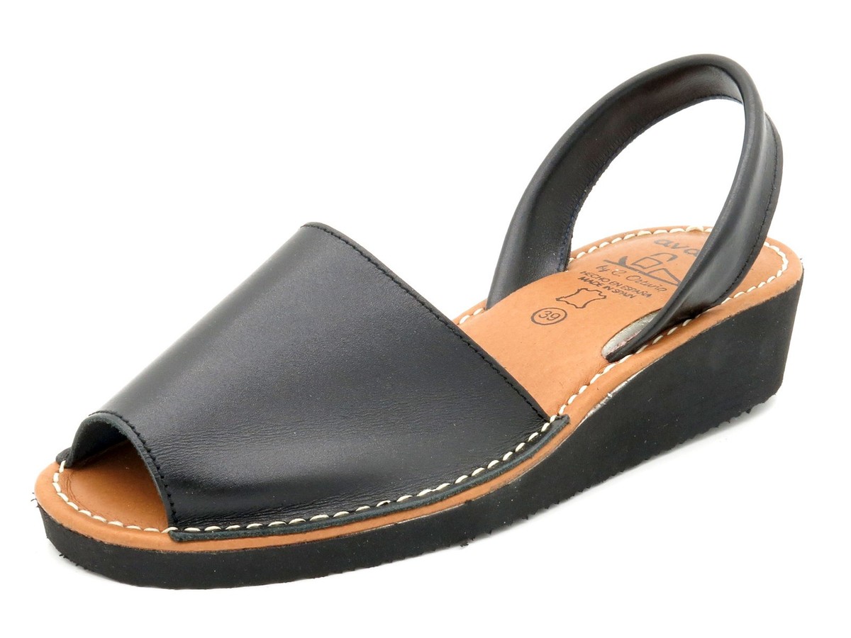 Women's Wedge Sandals Avarca Menorquina PREMIUM Leather soft padded Shoes  black - Main Image