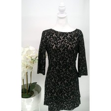 Tahari Womens Black Metallic Floral Stretch 3/4 Sleeve Lace Overlay Dress Sz 10
