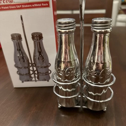 COCA-COLA Silver Plated Glass Salt & Pepper Shakers w/ Metal Rack NEW Vintage