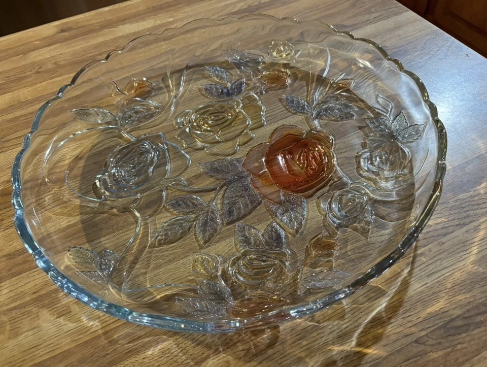 GRAN PLATO DE SERVIR ROSA DE VIDRIO PESADO DE 14" COCINA NICHO VINTAGE  Foto 2 de 3