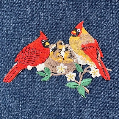 Cardinal Birds Nest Applique Patch Fledgling Baby Bird Chicks Embroidered Badge