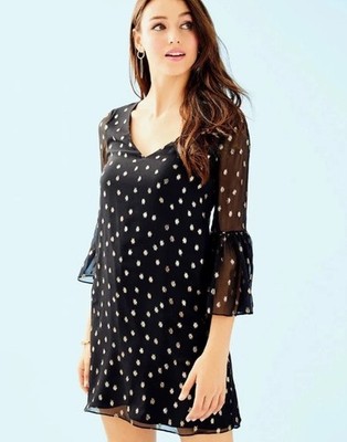 Lilly Pulitzer Caroline Silk Tunic Dress Onyx Silk Gold Burnout Flutter Size 2