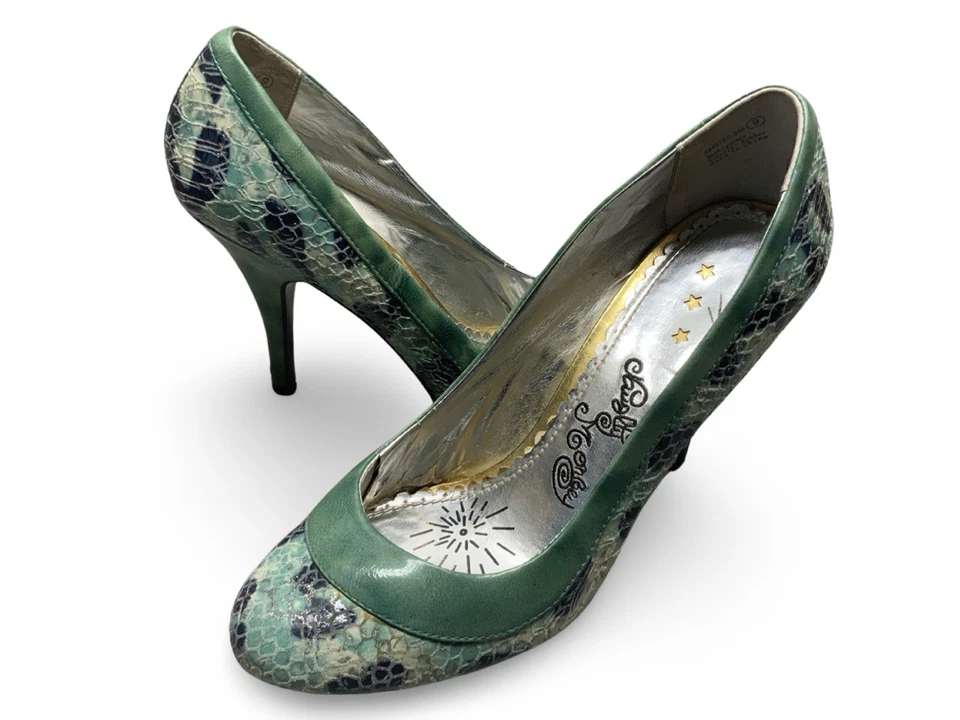 NAUGHTY MONKEY Snake Print Size 8.5 Leather High Heels Chain Belt Peep Toe - Image 4 of 4