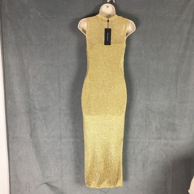 French Connection Jada Midi Tank Dress XS NWT Gold Metallic Knit Mesh Elegant